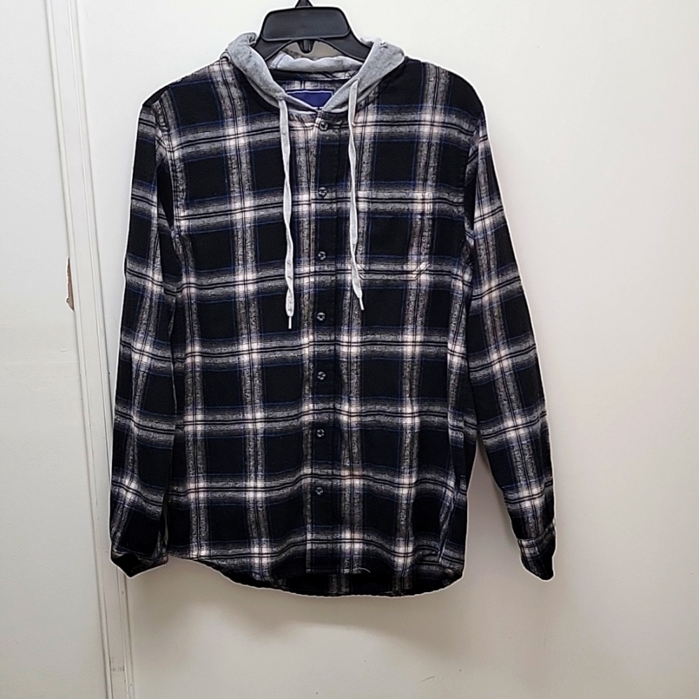 VSTR Flannel Button Collar Hooded Shirt - Size S